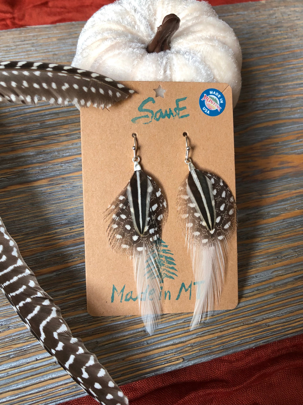 Black and White Polka Dot Feather Earrings