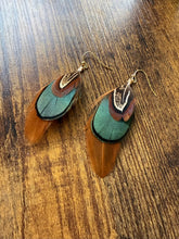 Load image into Gallery viewer, Red, Brown, Green, and Tan Feather Earrings
