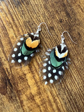 Load image into Gallery viewer, Green, Yellow, Black, and White Polka Dot Feather Earrings
