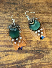 Load image into Gallery viewer, Green, Copper, Black, and White Polka Dot Feather Earrings
