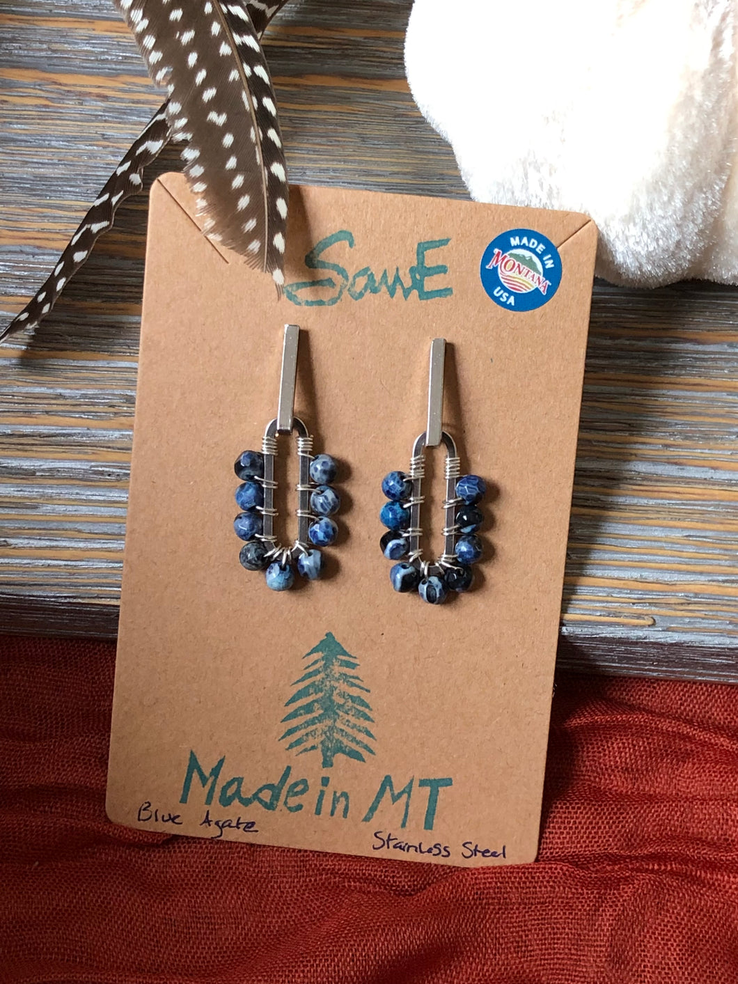 Blue Agate Stainless Steel Stud Earrings