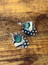 Load image into Gallery viewer, Green, Tan, Black, and White Polka Dot Feather Earrings

