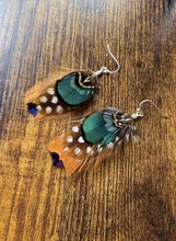 Load image into Gallery viewer, Green, Copper, Black, and White Polka Dot Feather Earrings
