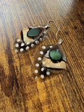 Load image into Gallery viewer, Green, Tan, Black, and White Polka Dot Feather Earrings
