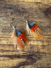 Load image into Gallery viewer, Red, Brown, Green and Tan Feather Earrings
