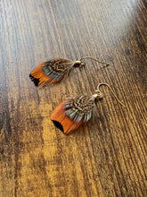 Load image into Gallery viewer, Blue, Copper, and Brown Feather Earrings
