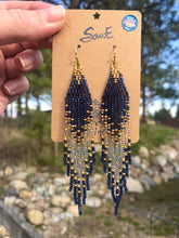Load image into Gallery viewer, Blue and Gold Beaded Fringe Earrings
