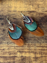 Load image into Gallery viewer, Red, Brown, Green, and Tan Feather Earrings
