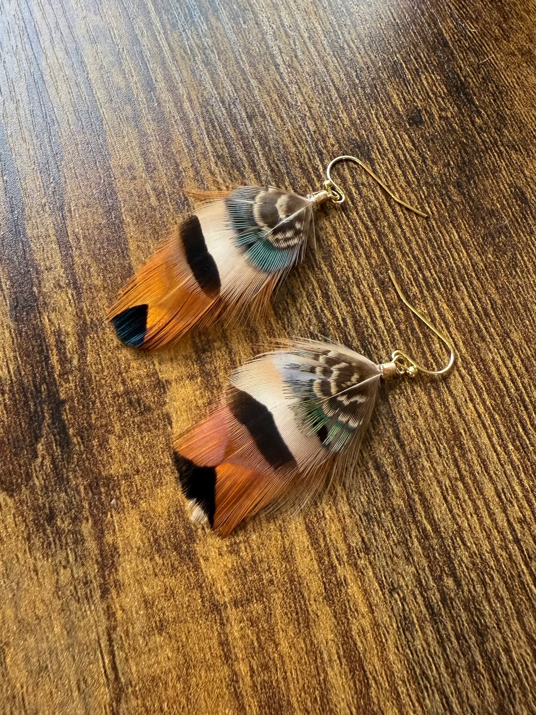 Blue, Tan, White, and Brown Feather Earrings