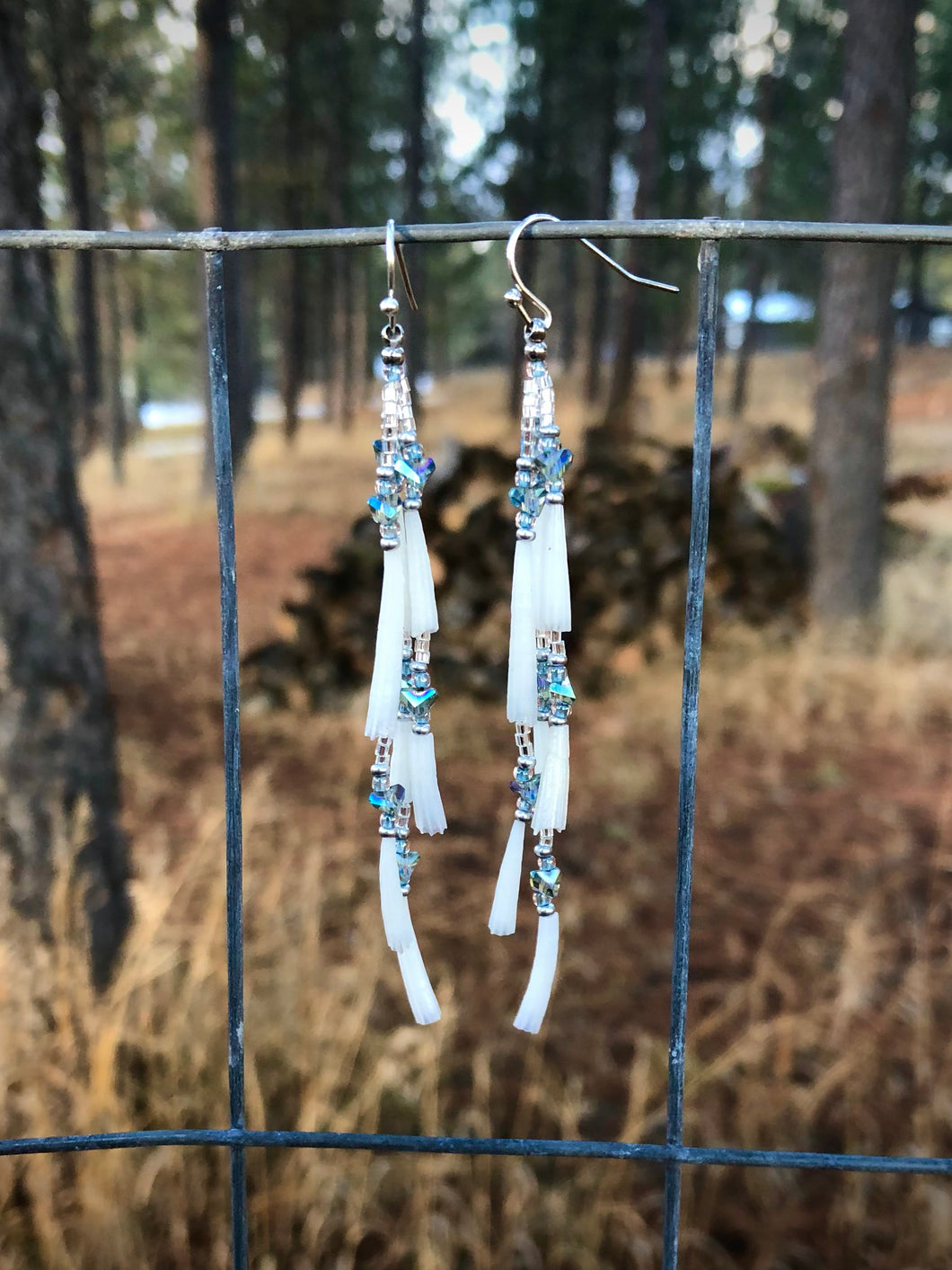 Pearlescent Matte Silver, Ice Blue, and Iridescent Shell Strand Earrings