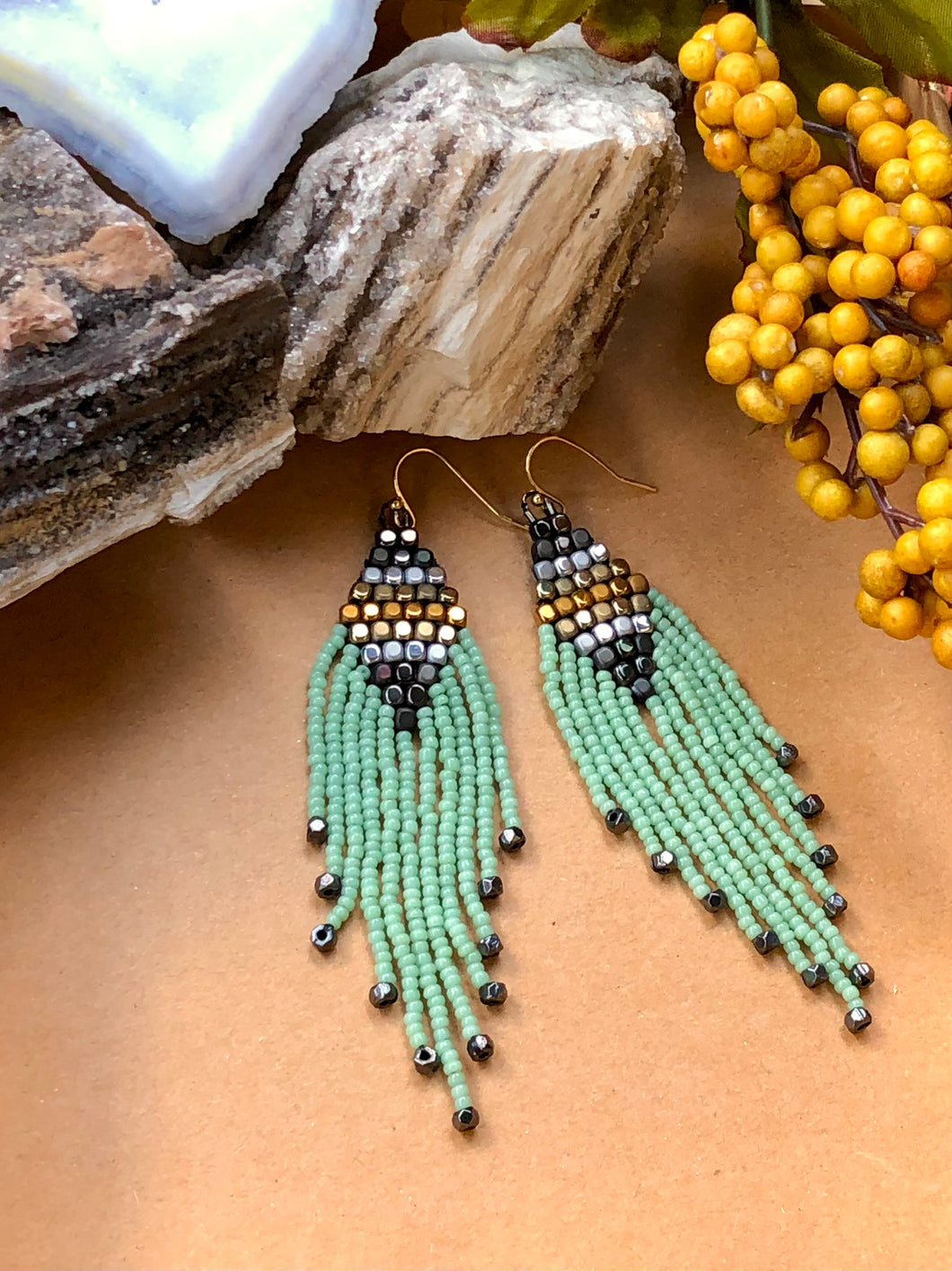 Green Beaded Fringe Earrings