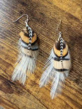 Load image into Gallery viewer, Yellow, Brown, Light Blue, and White Feather Earrings
