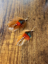 Load image into Gallery viewer, Red, Brown, Green and Tan Feather Earrings
