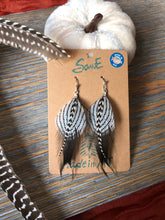 Load image into Gallery viewer, Black and Grey Stripe Feather Earrings
