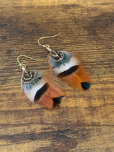 Load image into Gallery viewer, Blue, Tan, White, and Brown Feather Earrings
