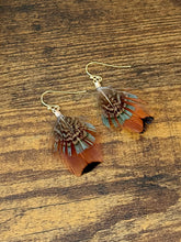 Load image into Gallery viewer, Blue, Copper, and Brown Feather Earrings
