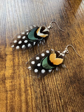 Load image into Gallery viewer, Green, Yellow, Black, and White Polka Dot Feather Earrings
