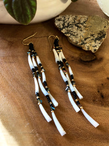 Black and Matte Gold Tusk Shell Strand Earrings