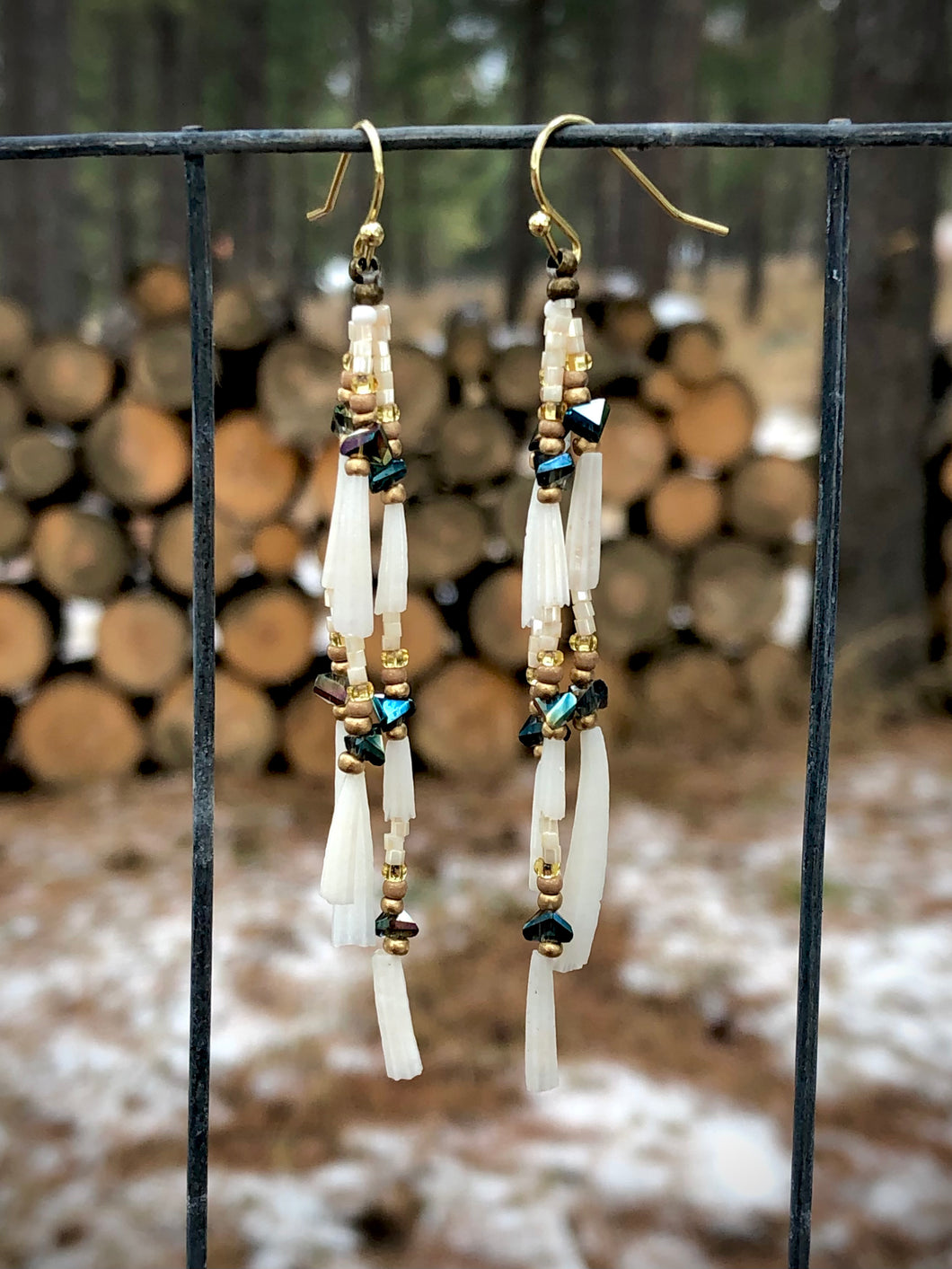 Cream, Iridescent, and Gold Beaded Shell Strand Earrings