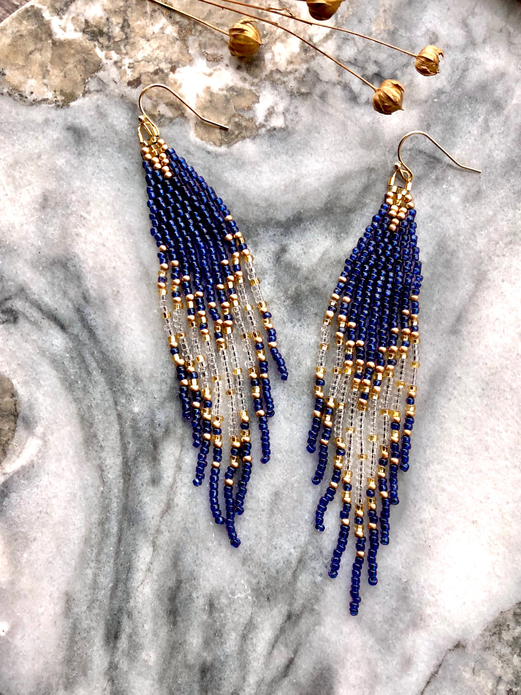 Blue and Gold Beaded Fringe Earrings