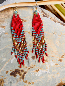 Red Beaded Fringe Earrings